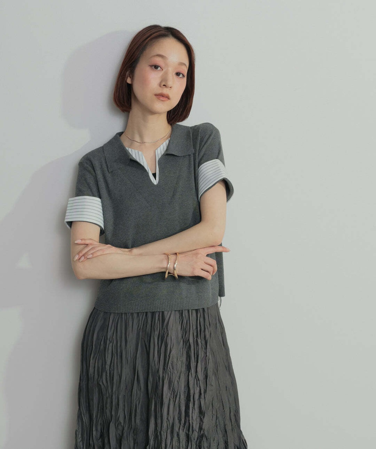2603012 レイヤードポロニットトップス charcoal