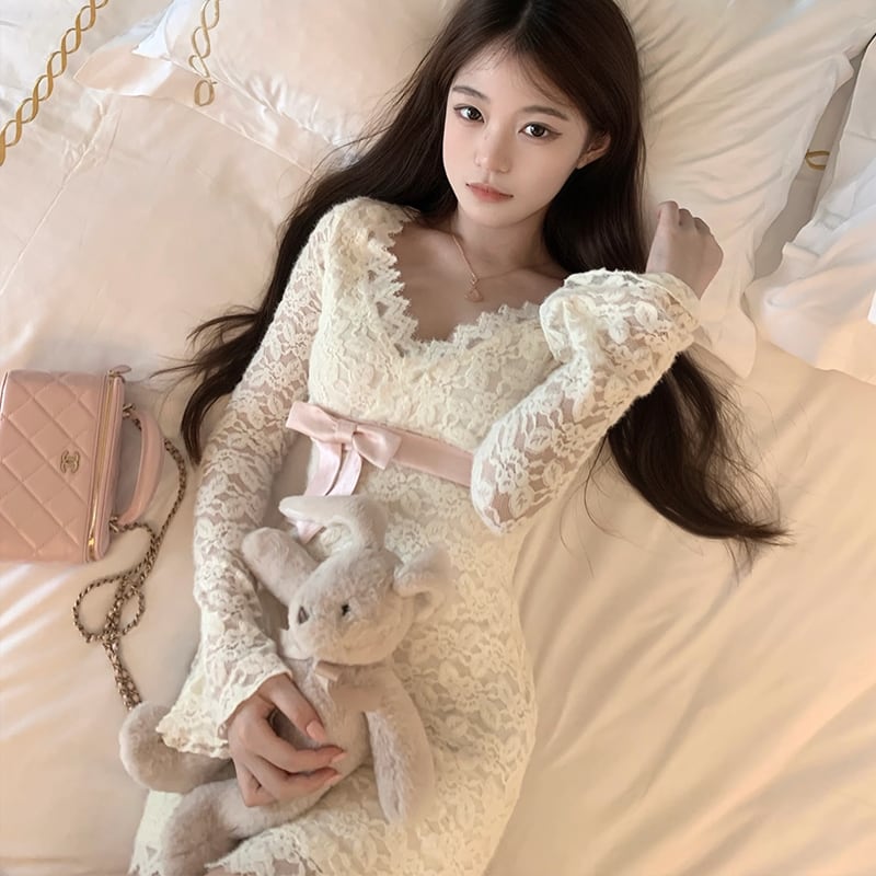 【dress】Vネックレースワンピース Q7232