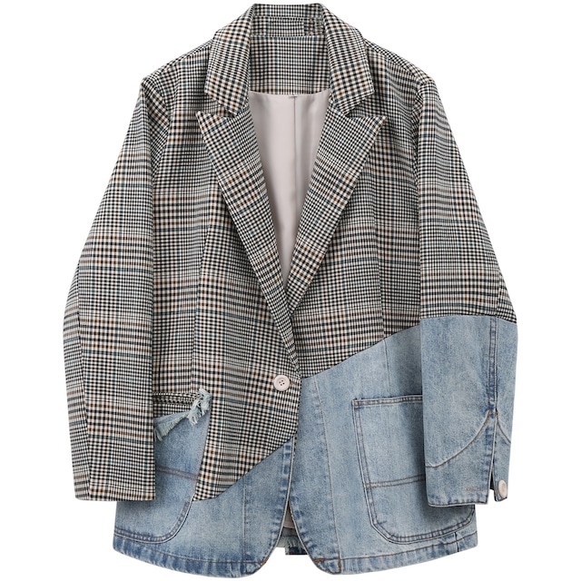 DENIM TRIMMED CHECKERED BLAZER JACKET 1color M-3133