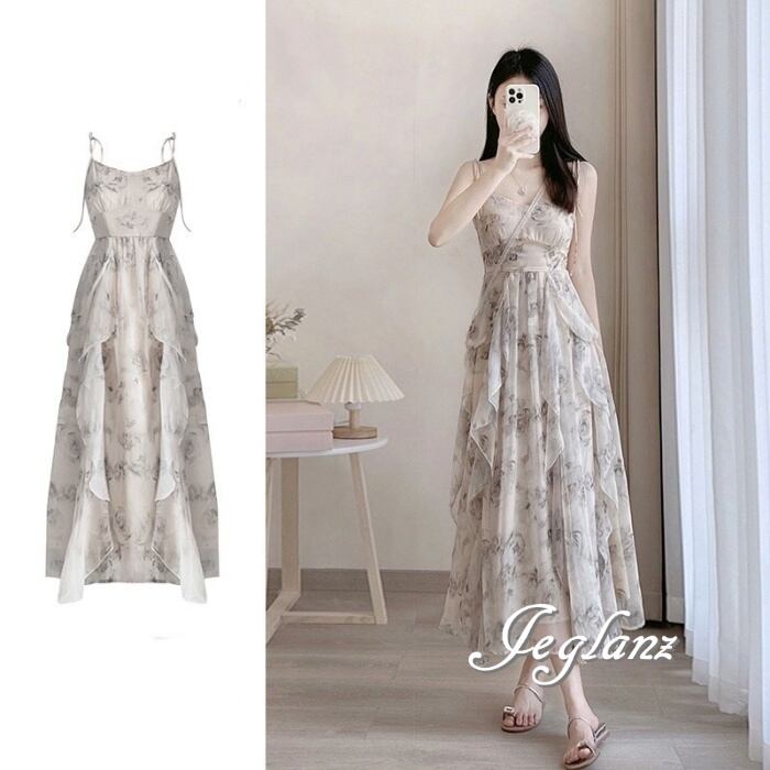 華やか パーティ ドレス 花柄 キャミ ワンピース ラッフルフリル 肌透け (M6145)★ ζ
