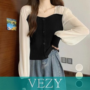 ニットブラウス 袖切り替えニットトップス フェミニン感ブラウス 袖透け感 スクエアネック ドッキングニット フロントボタン飾り 大人カジュアルニット シャツ VEZY ベジー  ItemNo.【19921877】