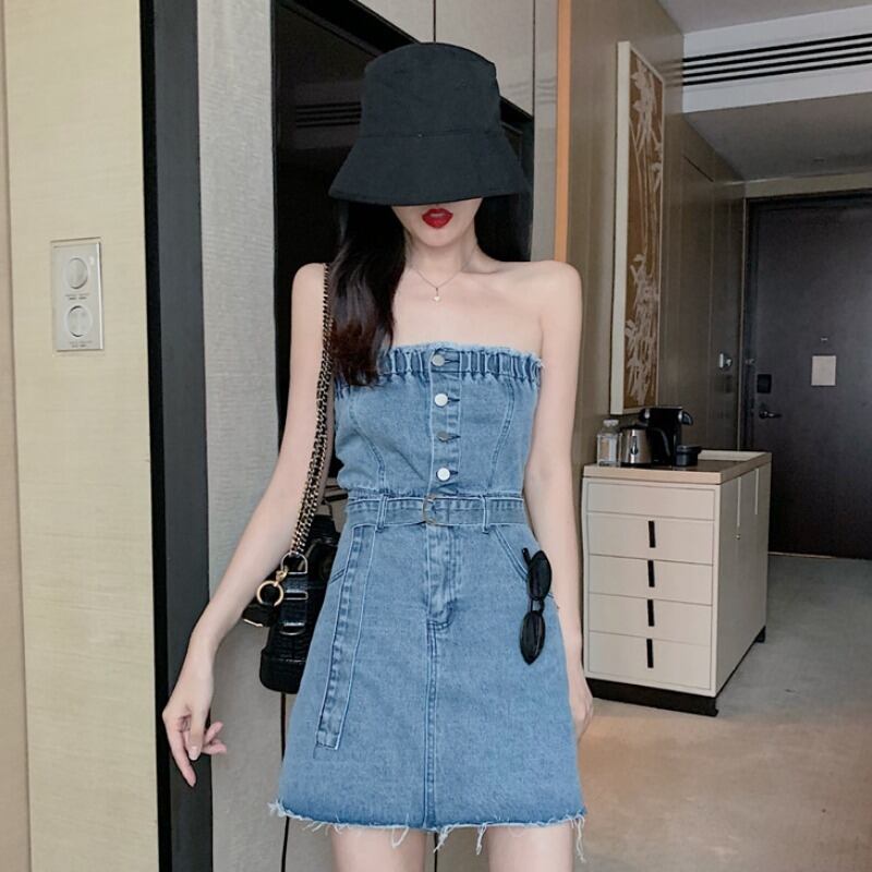 セクシーなワンショルダーデニムドレスレディース2020新夏バージョンのウエストと細いAラインショートスカートトレンド 1号婦人82047695500