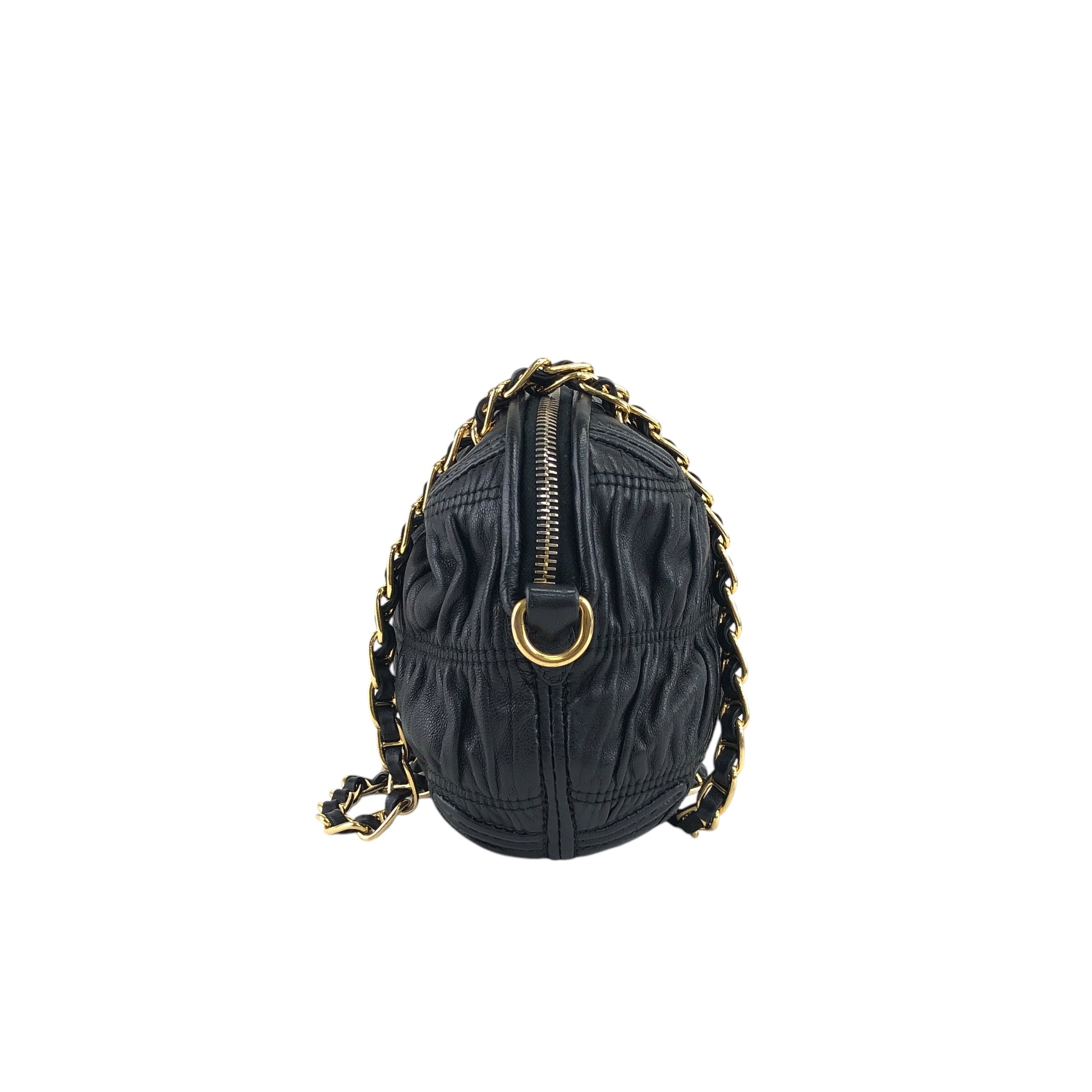 PRADA プラダ ショルダーバッグ ブラック ロゴ ギャザー レザー PRADA プラダ ショルダーバッグ ブラック ロゴ ギャザー レザー