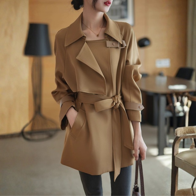 ベルト付き オープンカラー ミドル丈 トレンチコート K1201