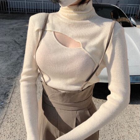 春秋新作 レディース トップス ニット ハイネック セーター 細身