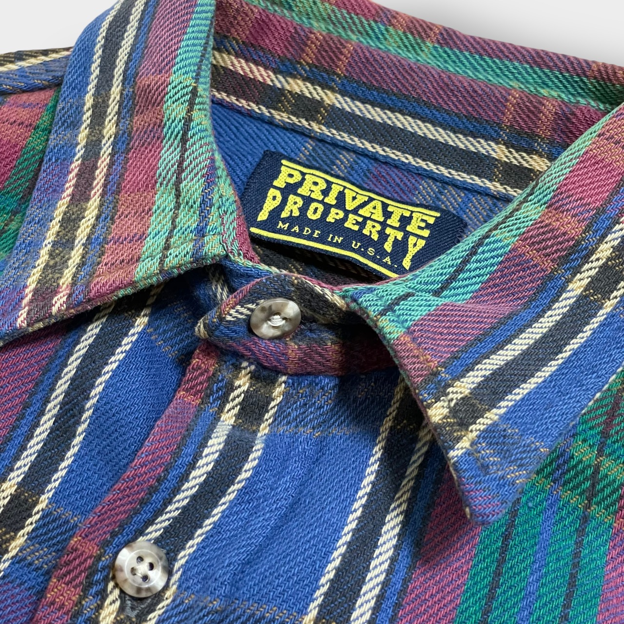 【PRIVATE PROPERTY】70s 80s USA製 フランネルシャツ ネルシャツ ヘビーネル 長袖 チェック カジュアルシャツ フラップポケットM ヴィンテージ  US古着
