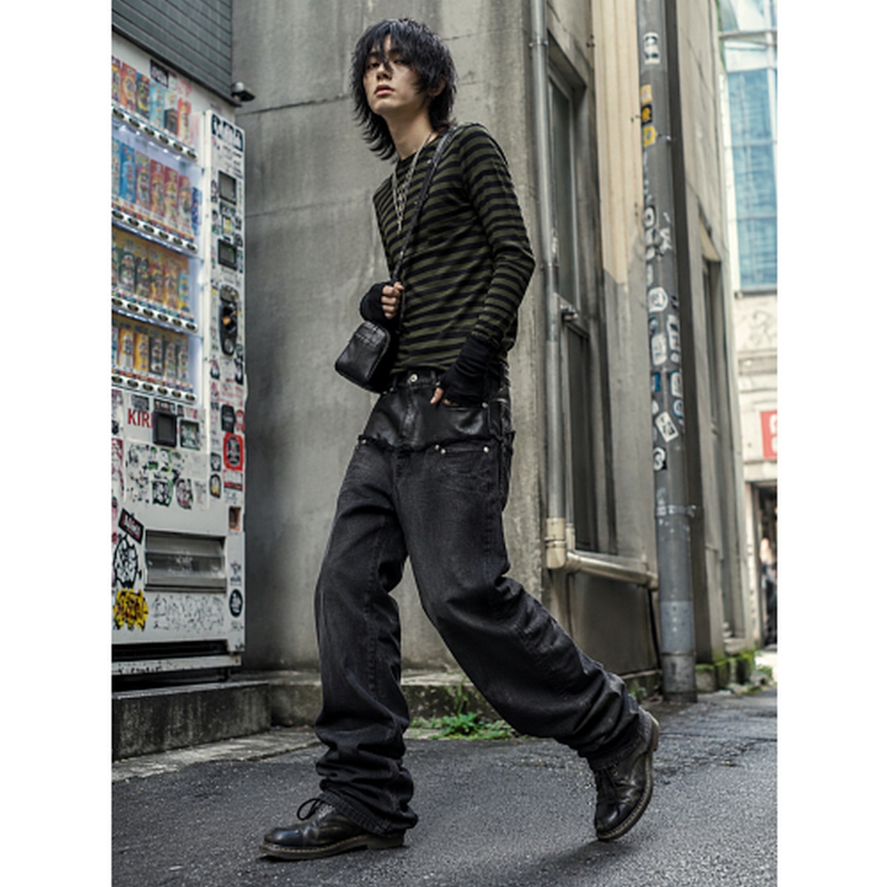 VINTAGE ストリート PUレザー切替 デニムパンツ P474