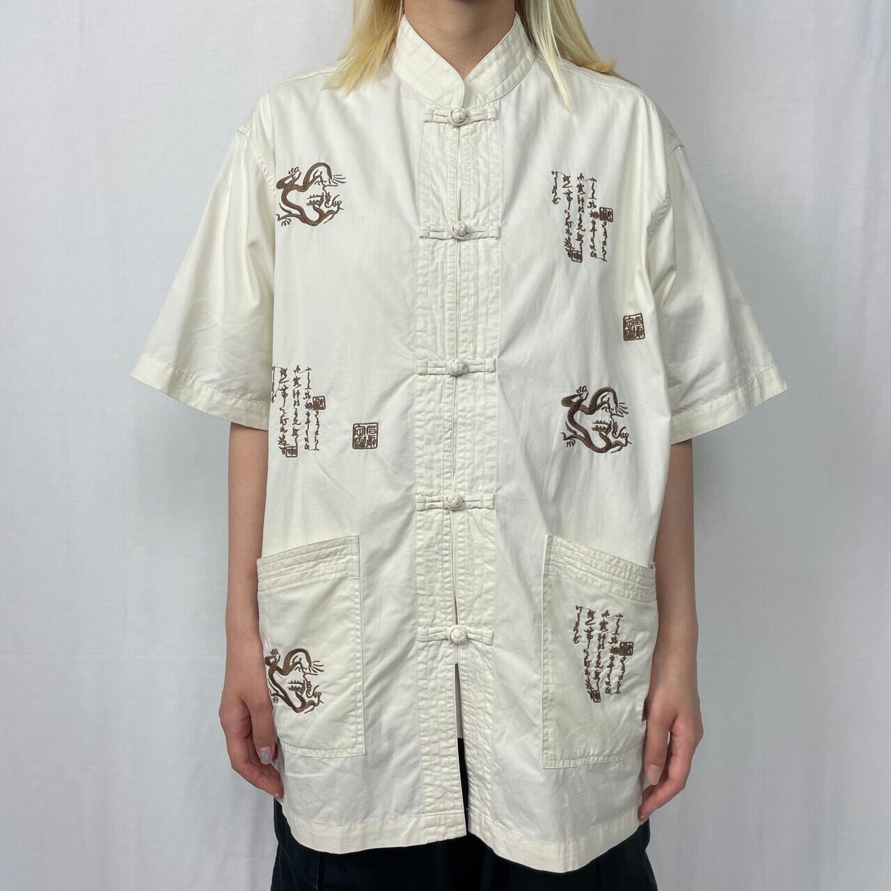 海外 ファットファーム 刺繍 総柄 フォトプリント 半袖 柄シャツ 2XL