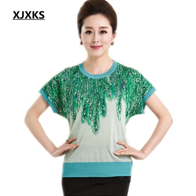 Xjxks 2018夏新中年女性の大きいサイズニットアイスシルク半袖tシャツ孔雀の羽緩いシャツ