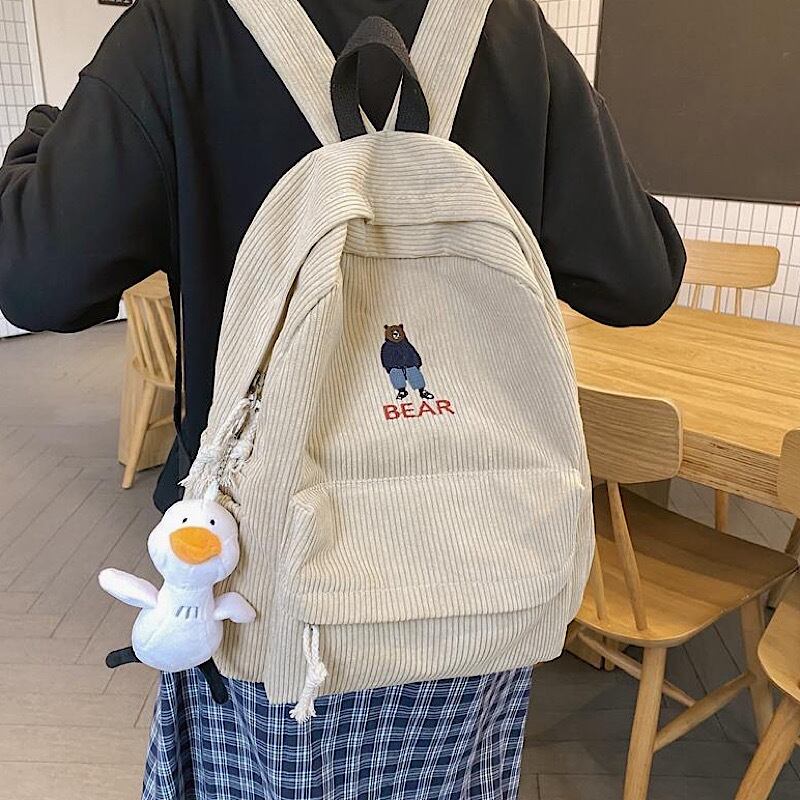 可愛い アヒルさん付き キーホルダー付き コーデュロイ リュック 通学 学生 ポケット付き シンプル ナチュラル くまさん ベア カジュアル Lamitte Deco トレンド 韓国ファッション ショップ Base店
