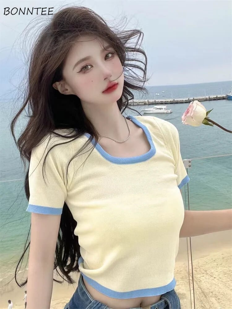 【新作】【送料無料】 Hotsweet スリム Tシャツ女性パネルインファッションニットクロップトップス韓国スタイルのセクシーな入札カジュアルシックなオールマッチシンプルな夏 0268577270212