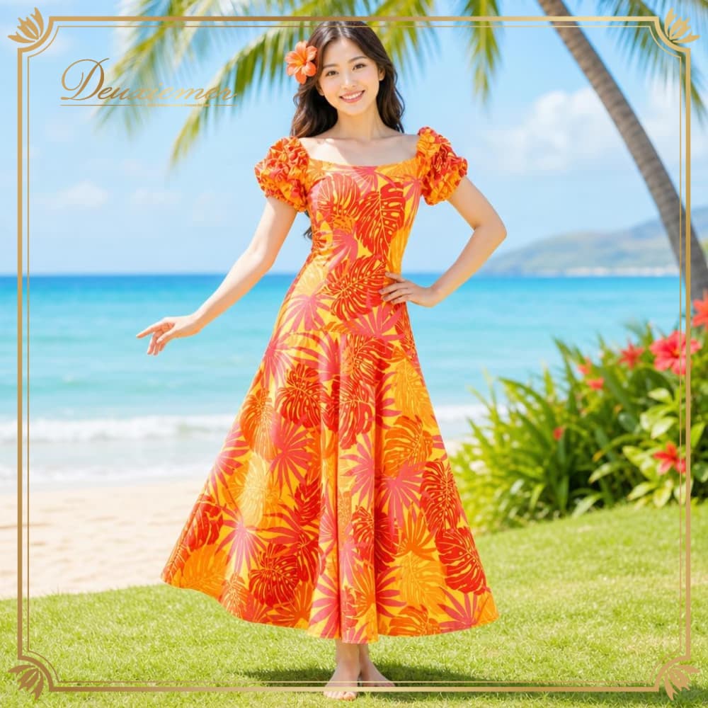 極美品✨シーシーファッションズハワイ製フラダンス ドレス 紫 白 パフスリーブ CC Fashions | ダンス 衣装 deuxiemer