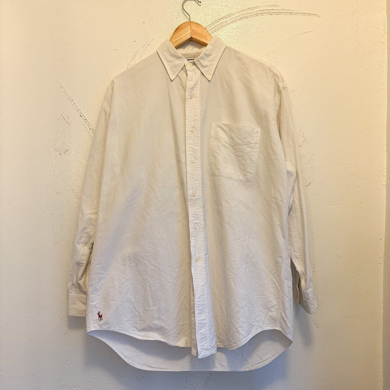 90s ralphlauren the big oxford 裾ポニー シャツ M/白 無地 ラルフ