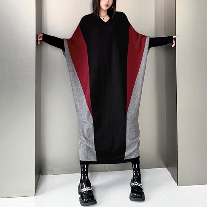 TRICOLOR V-NECK WIDE LONG KNIT DRESS 1color M-15512