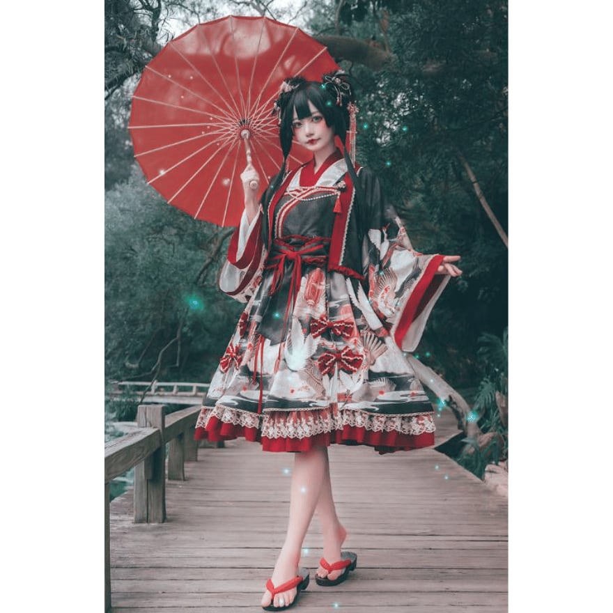 即納 黒Sサイズ】和ロリ 鶴と扇の和柄 ロリータ 着物風 JSK+羽織 豪華
