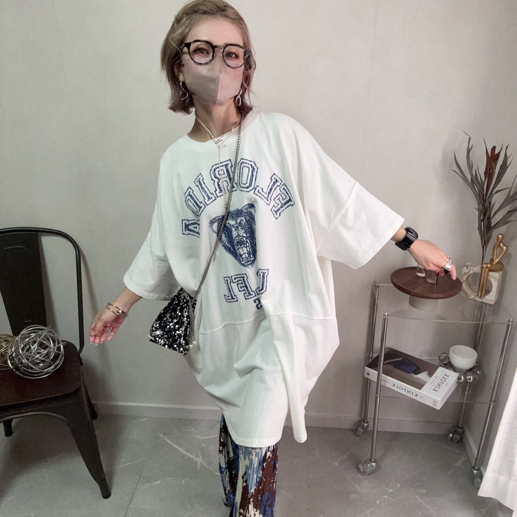 bear print switching big tee【White】