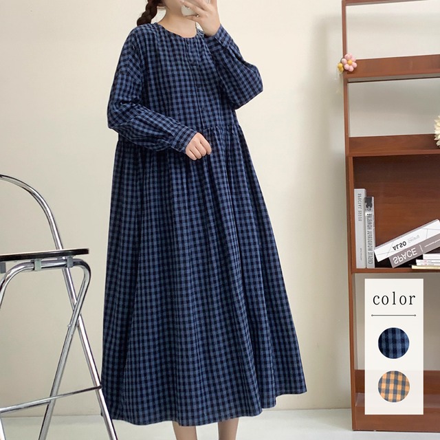 ギンガムチェック柄ハーフボタン切り替え長袖ワンピース W1558