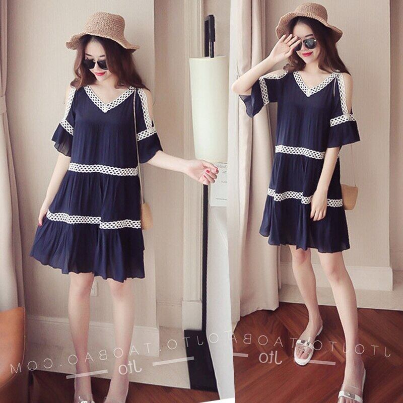 【新作】【送料無料】 マタニティサマールーズVネックストラップレスシャツプラスサイズショルダーレスシフォンパッチワークレースブラウスミニドレス 大きめサイズ 夏物 AL expec324409810445