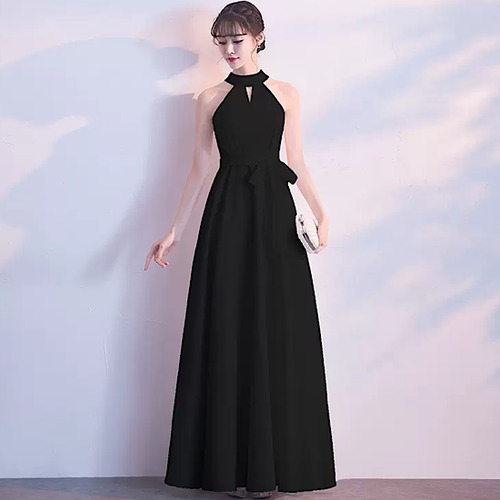 結婚式ドレス ホルターネック マキシ丈 ノースリーブ 無地 シンプル 発表会 演奏会 レディース 結婚式 ステージ衣装 エレガント ウエディングドレス カラードレス イブニングドレス