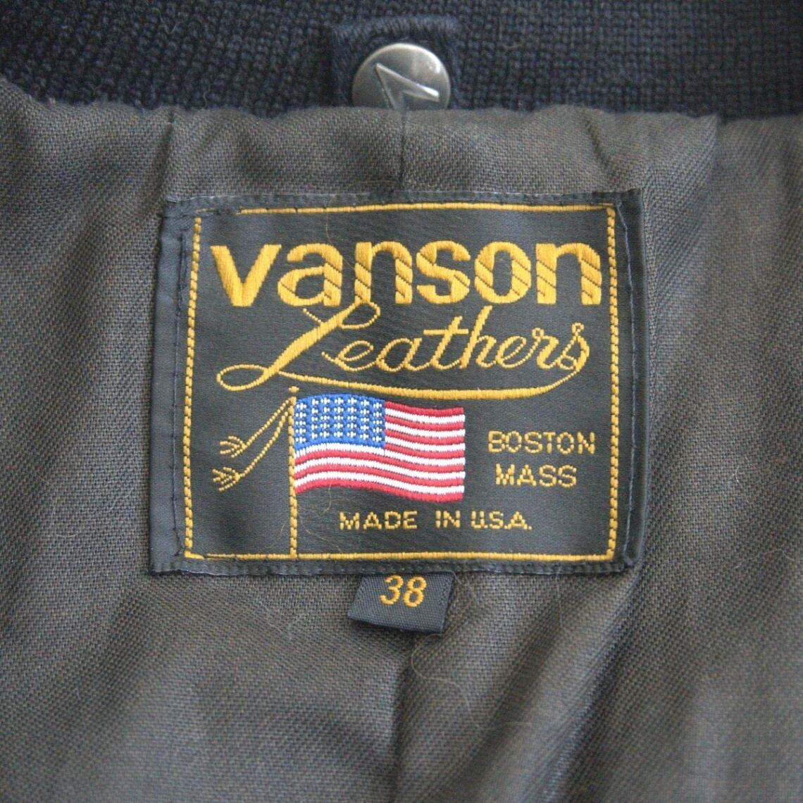 ショット スタジャン 袖レザー キルティング ワッペン USA製 ネイビー 美品】 VANSON 【TJV オールレザー スタジャン】38 ブラック
