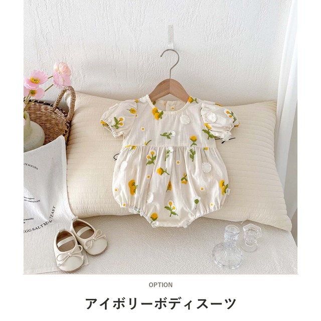 【BABY】タンポポフラワー刺繍パフスリーブロンパース - 2