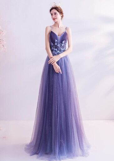 美品！ イブニングドレス パープル/紫 ロング 人気上昇 エレガント 細  