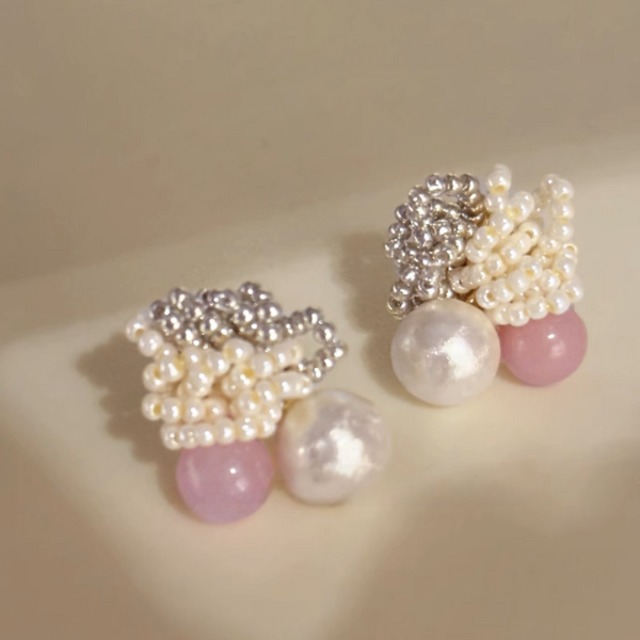 ピンクストーンビーズピアス　A2971