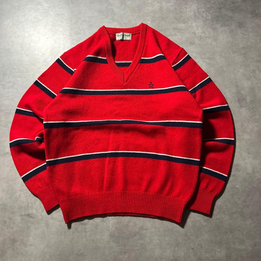 ヴィンテージ ボーダー アクリル Vネック 古着 ユーロ デザイン ニット