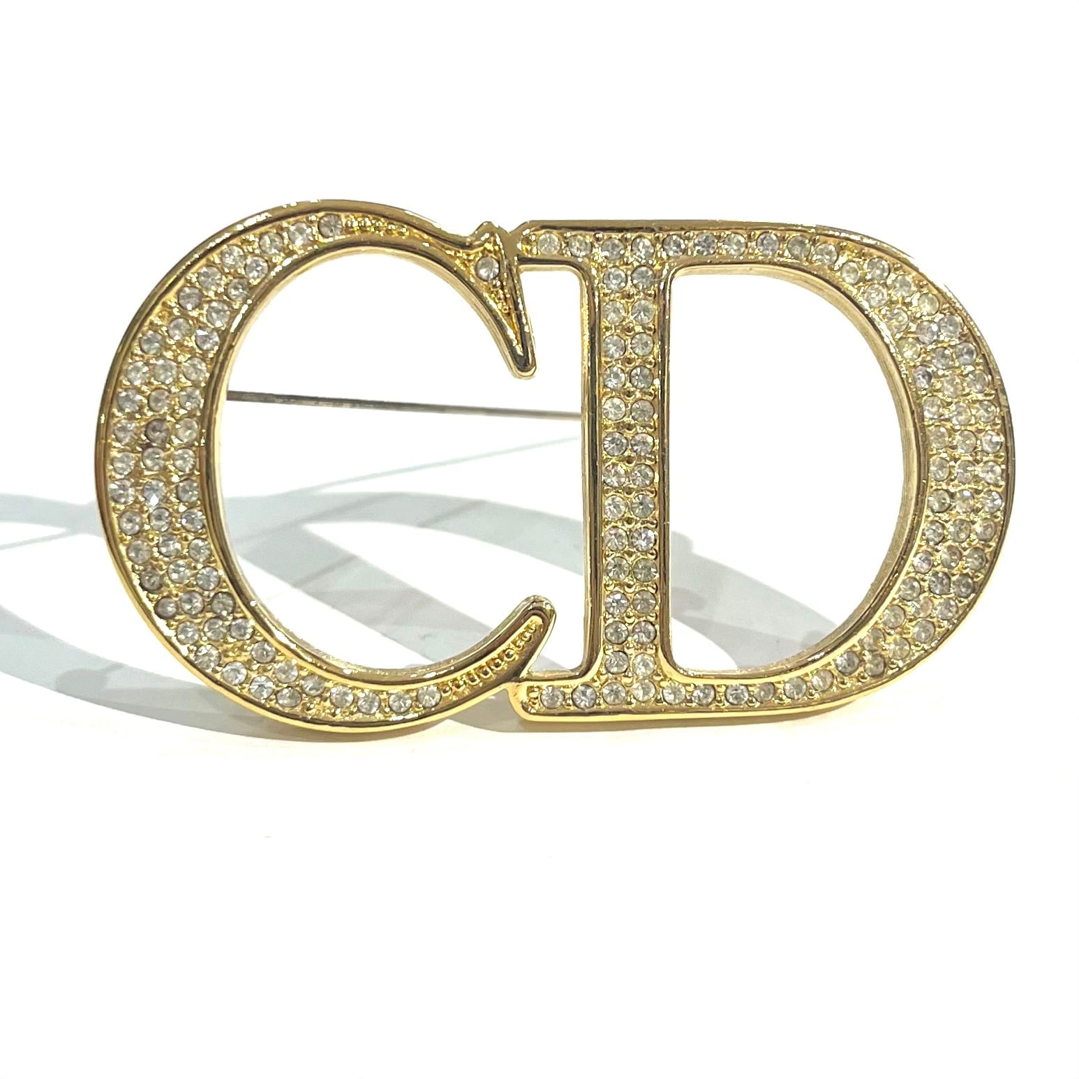 美品 Dior ディオール CD ロゴ ラインストーン ゴールド ブローチ Christian Dior】CDロゴ ラインストーン ブローチ／ゴールド