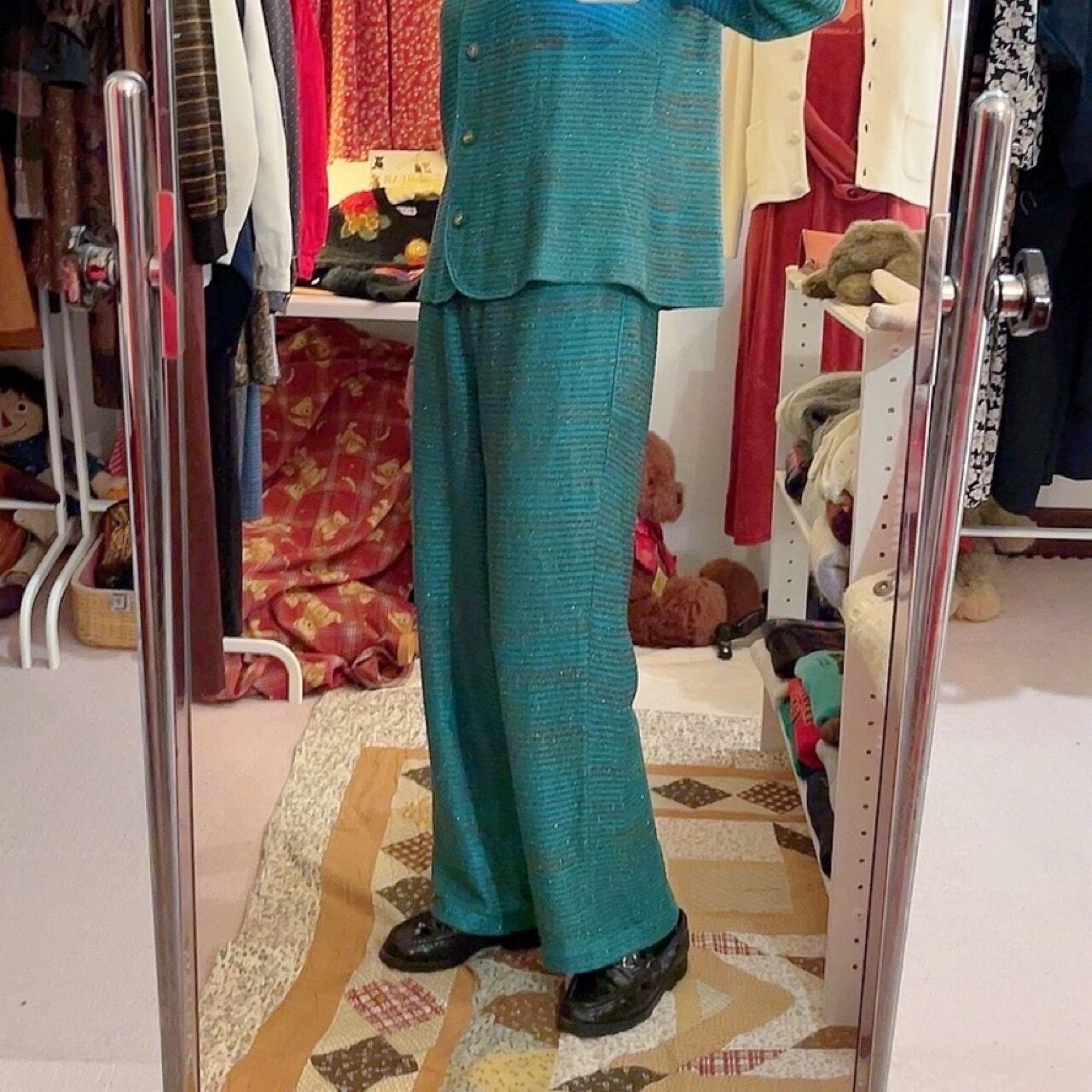 green lame knit set up