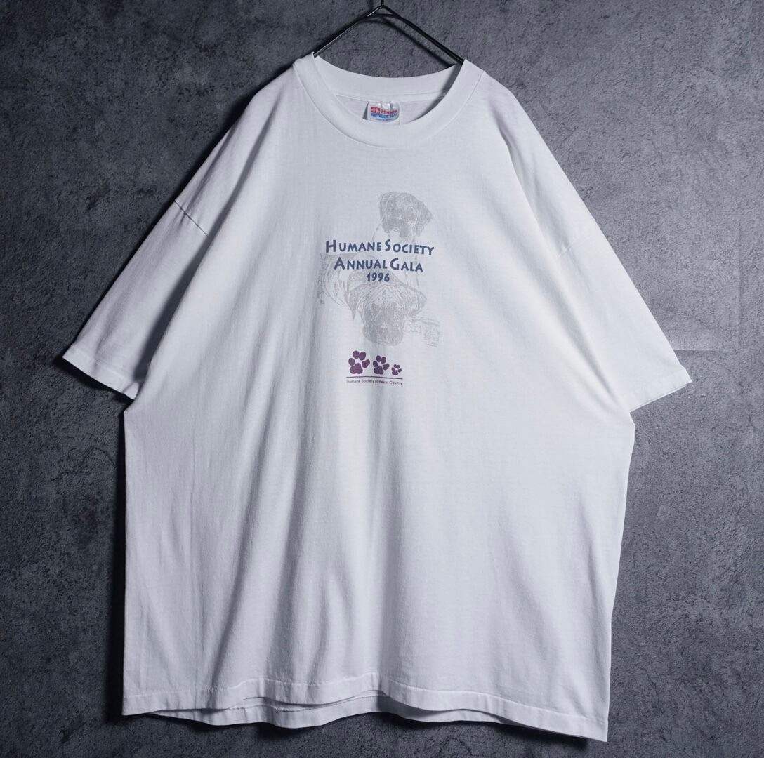 90s “Hanes” White Dog Motif Animal Print T-shirt