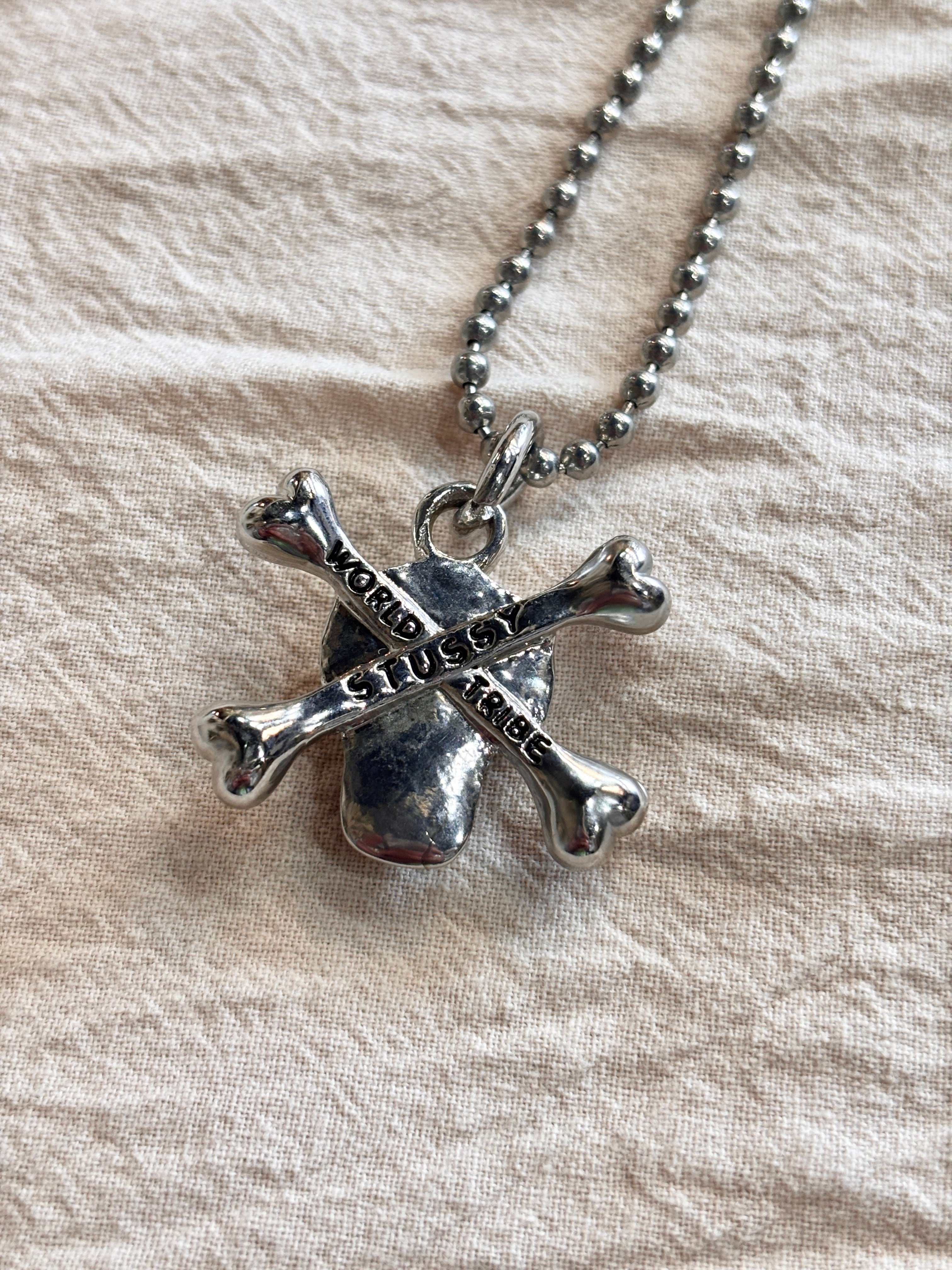 00s OLD STUSSY/Skull Necklace/スカルネックレス/ロゴ刻印/シルバ