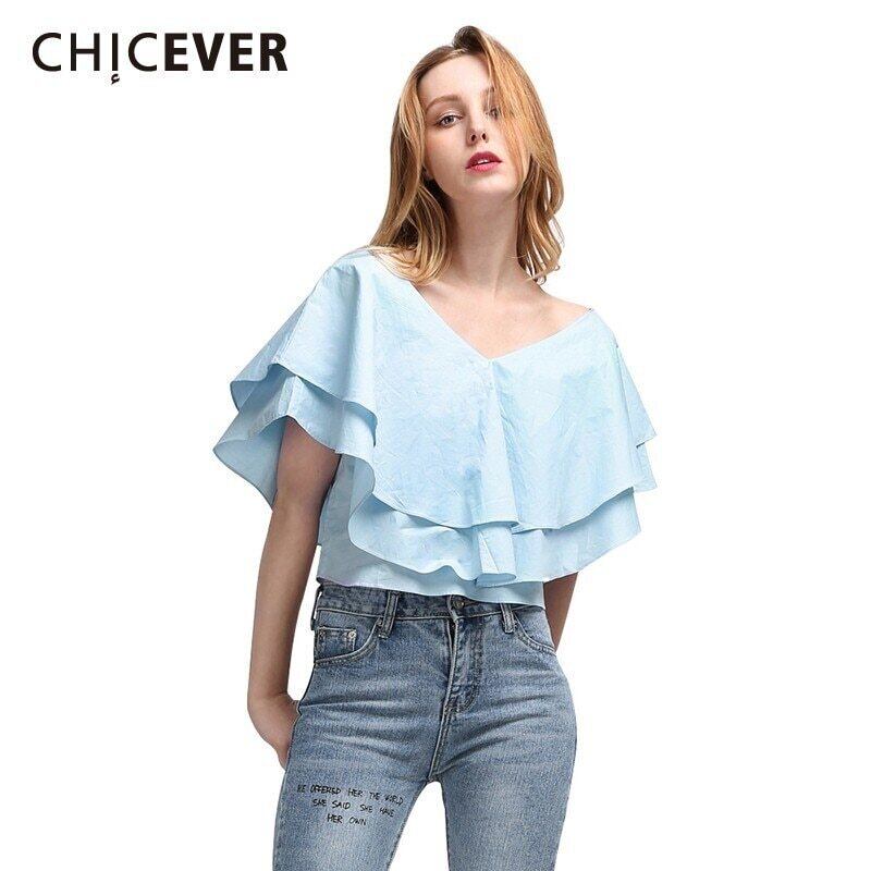 CHICEVERパッチワークエレガントな女性のブラウスvネック半袖フリルカジュアルルーズミニマリストシャツ女性のファッション新しい服 ショート ハーフスリーブ ラッフル 6base594867717777