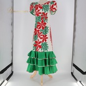 フラダンス 衣装 ワンピース ドレス グリーン系 パフスリーブ フリル ティアレ柄 ラウアエ柄 かわいい 鮮やか 華やか 明るい レッド系 ハワイアン アロハ ハワイアンプリント フラ ダンス 練習 レッスン ホワイト系 レディース