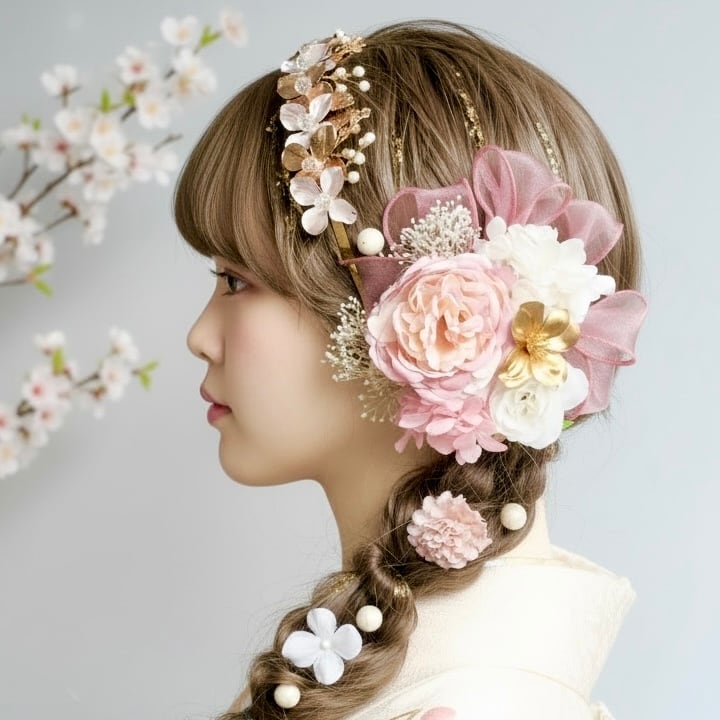 A127 ドライフラワー カチューシャ 髪飾り ピンク 白 ローズ 卒業式 袴 成人式 振袖 結婚式 和装