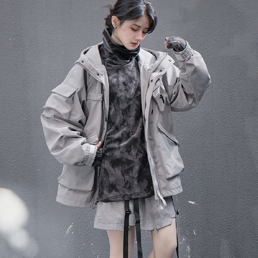 サイバーパンク ジャケット ハイネック フード付き マルチポケット