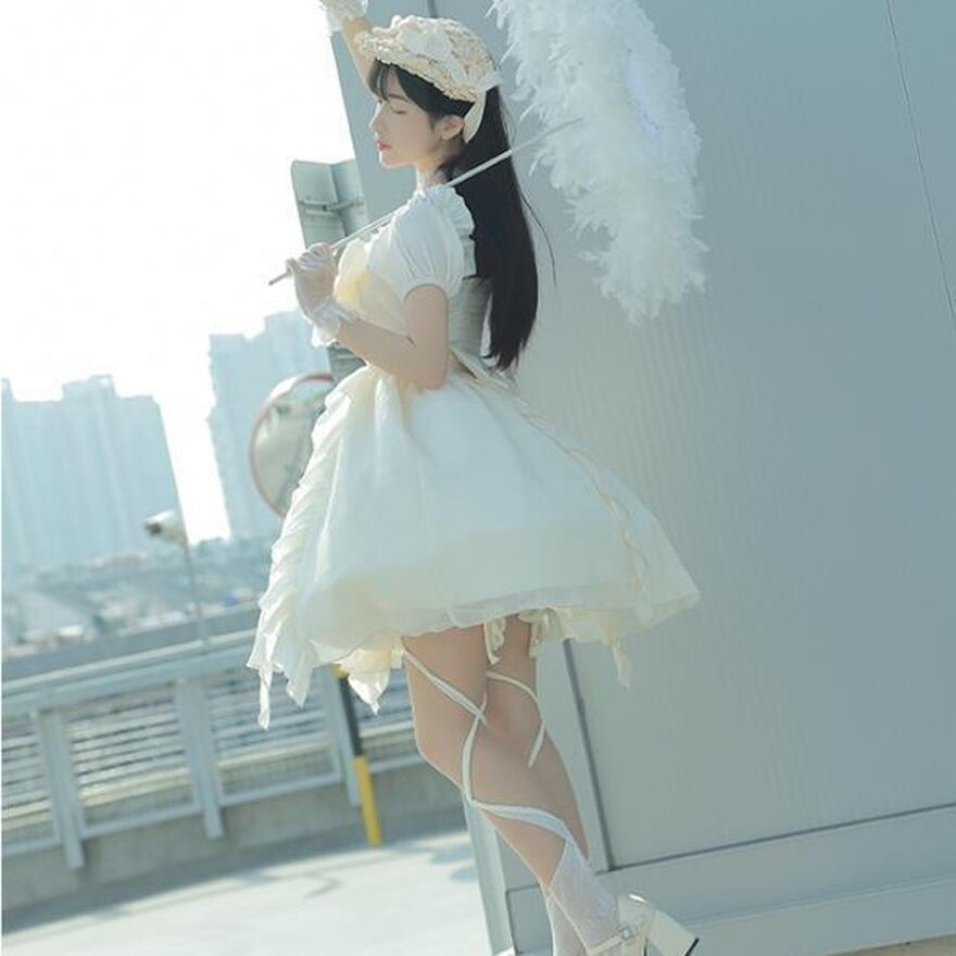 レトロ ホワイトロリータ サマーワンピース ドレス 大きめ リボン