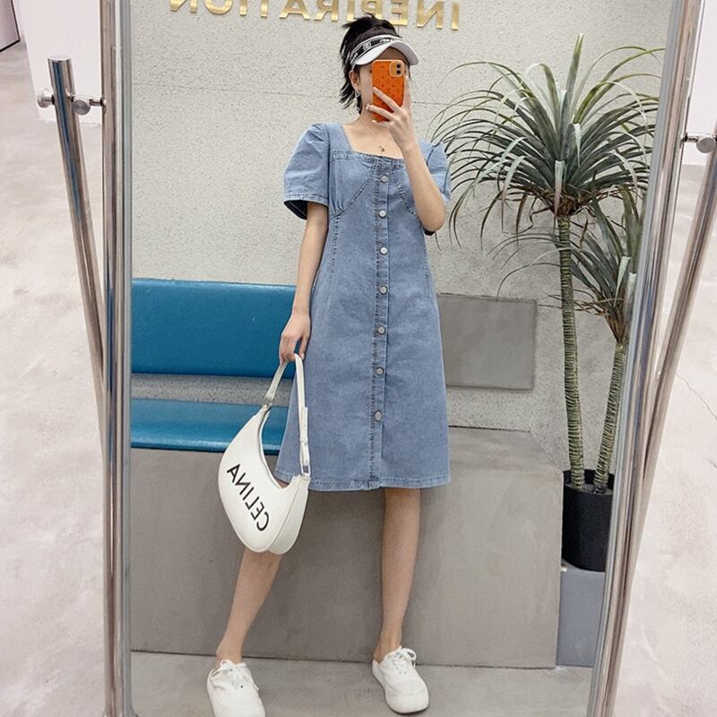 サマースタイルカラー半袖スリーブルーズスリムドレス ショート ハーフスリーブ 大きめサイズ 夏物 スクウェア ミックスインファッション90691767937