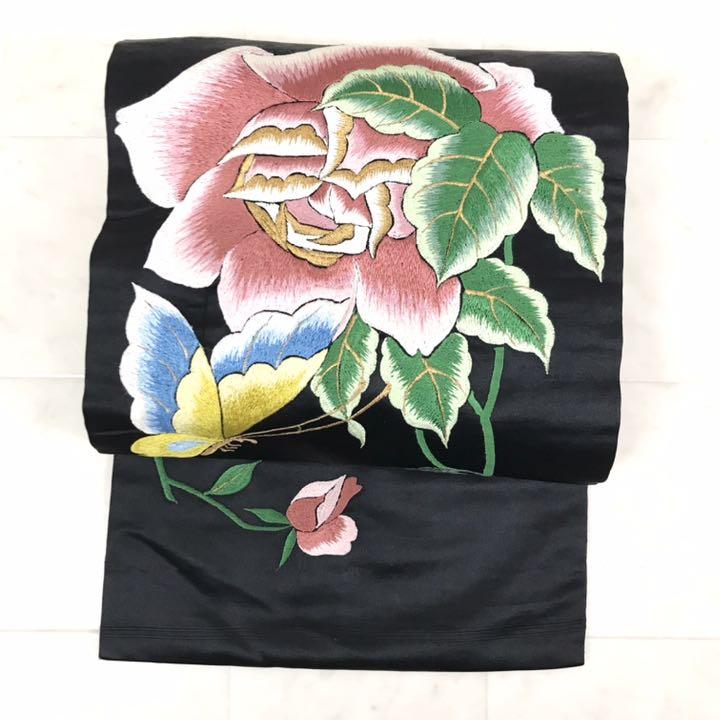 AO-355 アンティーク帯 名古屋帯 薔薇と蝶々 黒繻子 刺繍 | 着物屋