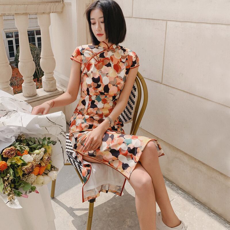 チャイナドレス ワンピース ドレス チャイナ風服 スタンドネック 半袖 ロング丈 エレガント 着痩せ 上品 大きいサイズ S M L Ll 3l 4l ドット柄 オレンジ Elegant チャイナドレス ワンピース ドレス チャイナ風服 スタンドネック 半袖 ロング丈 エレガント 着痩せ 上品 大きいサイズ S M L Ll 3l 4l ドット柄 オレンジ Elegant