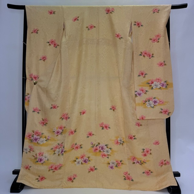 振袖 中古 薄い黄色 正絹 古典 裄68.2cm 身丈173cm 美品 L サイズ 成人式 6184