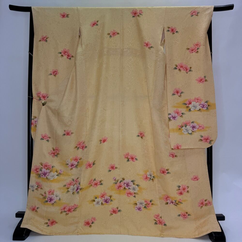 振袖 中古 薄い黄色 正絹 古典 裄68.2cm 身丈173cm 美品 L サイズ 成人式 6184