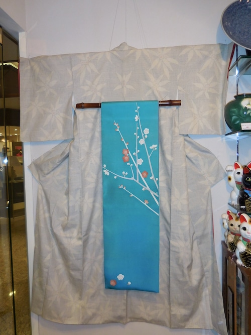 結城紬単衣着物 Yuki silk and pongee Kimono 