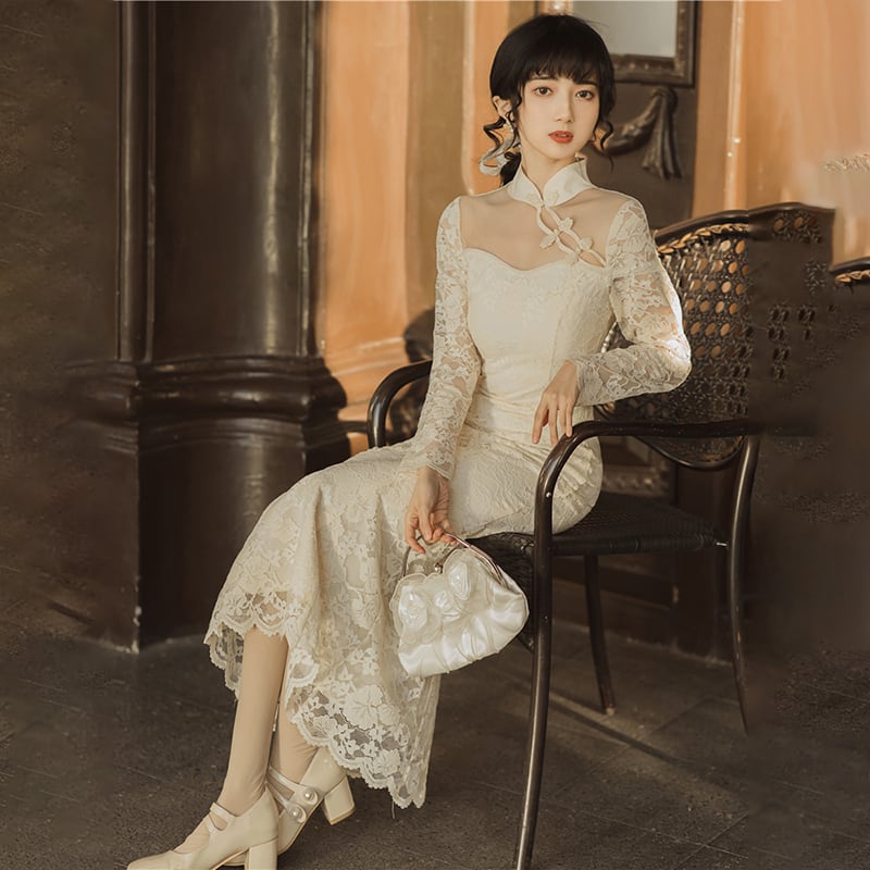 Junシリーズ チャイナ風ワンピース レース 透け感 長袖 デート レトロ チャイナドレス 普段着 ベージュ Elegant