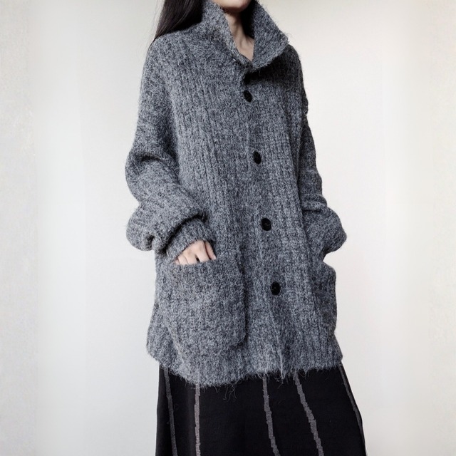 Asymmetric button fuzzy knit cardigan C1646