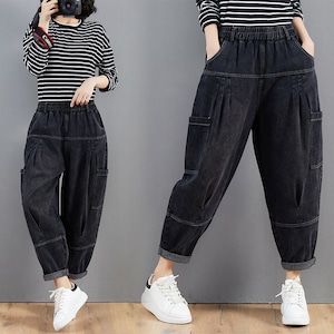 ELASTIC WAIST DENIM BAGGY PANTS 2colors M-4374