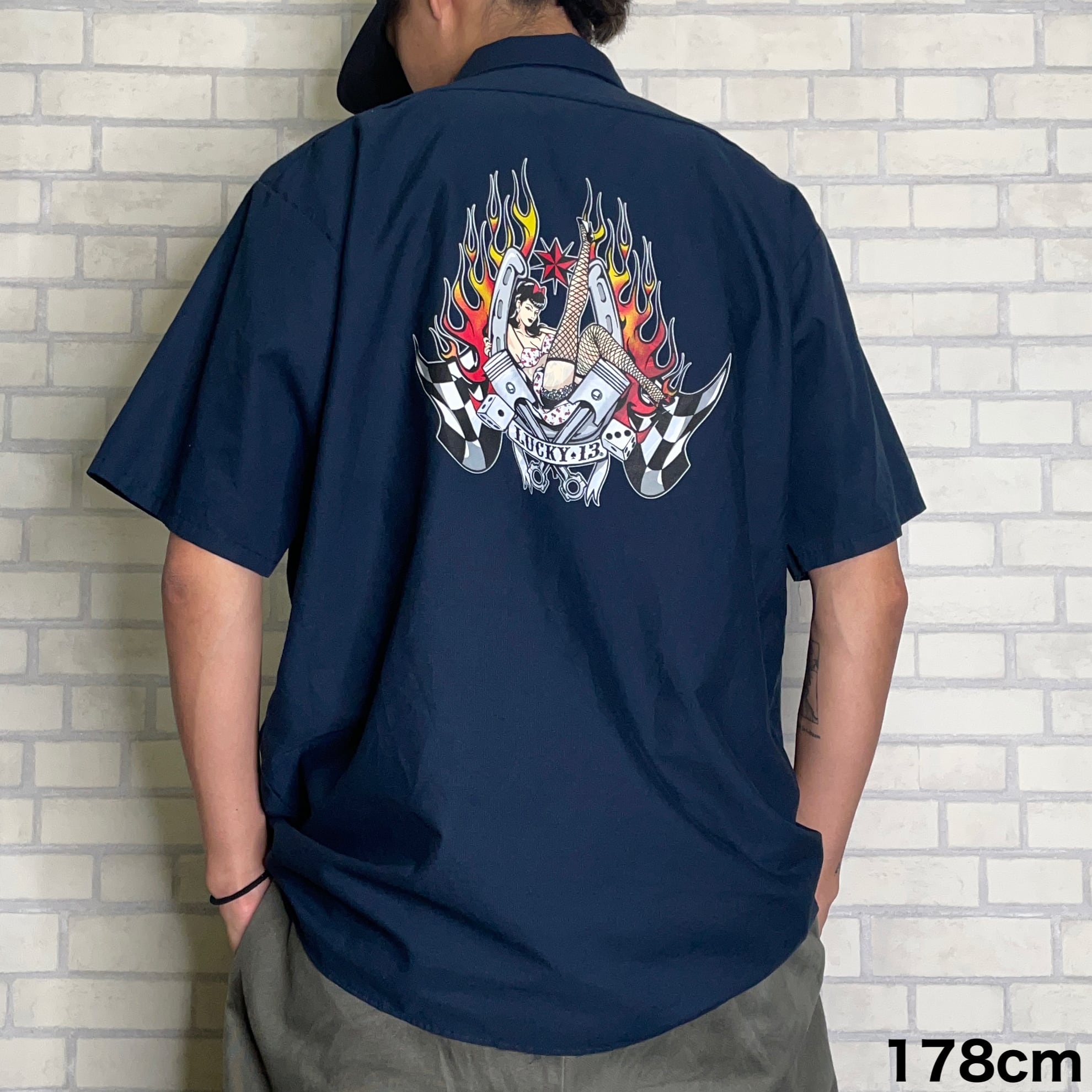 バックプリント】LUCKY-13 半袖ワークシャツ XL 刺繍 | 古着屋OLDGREEN