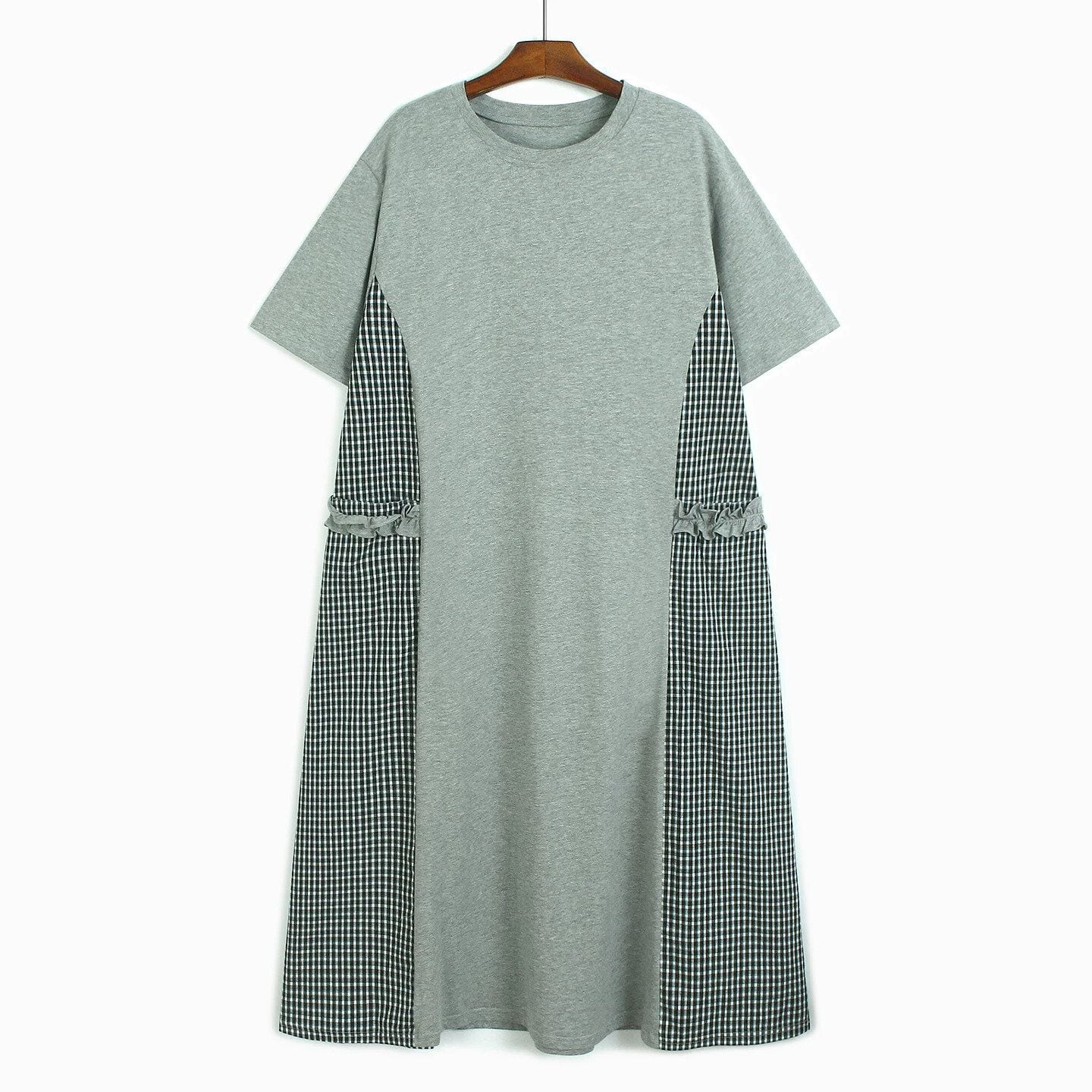 LACE TRIM PLAID CREW NECK SHORT SLEEVE DRESS M-16847