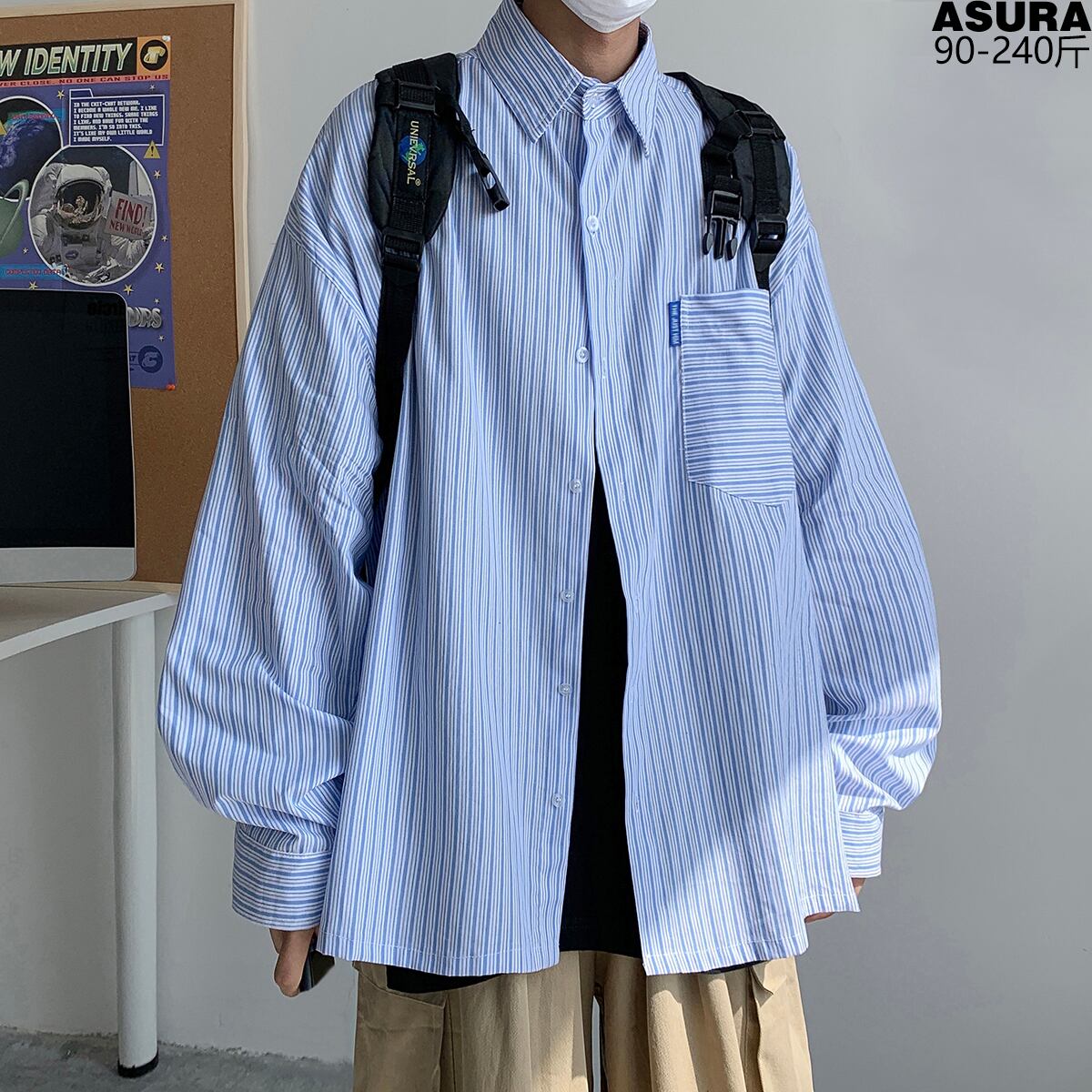 ストライプシャツ ルーズスプリングサマーカジュアルスタイル ロング 大きめサイズ 春物 夏物 ASURAプラスサイズメンズ30359276375