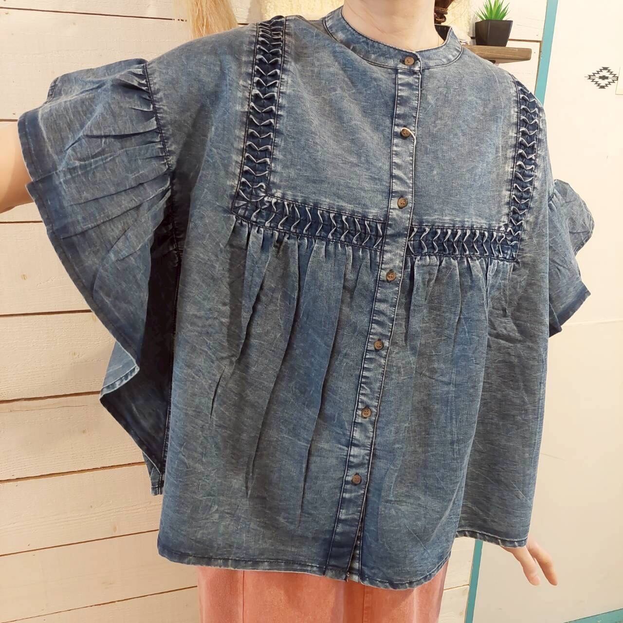 『People's』0909  デニム袖フレアブラウス　ノーカラーフリーサイズ